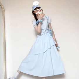 霍里德地图 梨形天菜baby蓝夏季裙子女中长款短袖抽绳蛋糕连衣裙
