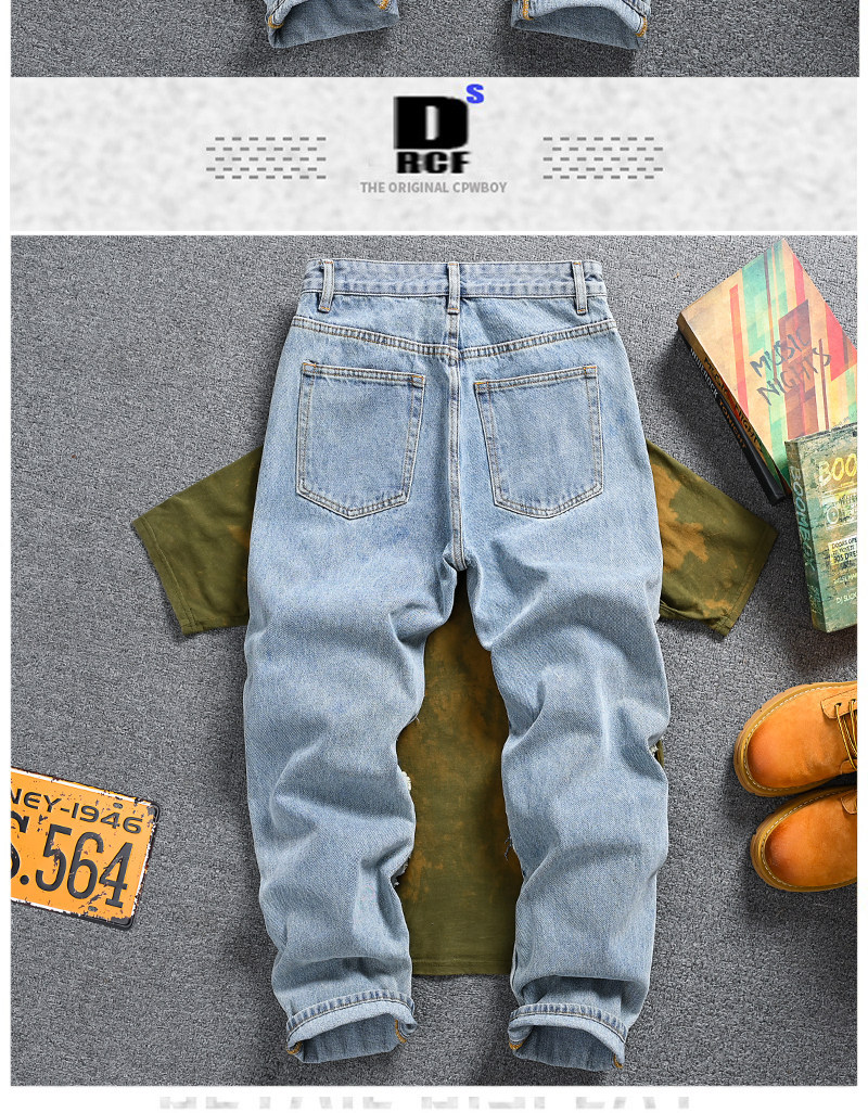 Men's Clothing Retro Distressed Patchwork Jeans For Men, Loose Straight Leg, Trendy Brand Pants._mkmklike.com