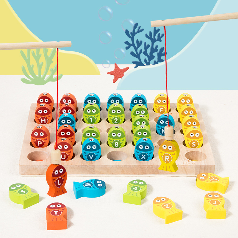 Educación temprana de madera para niños, números, letras, combinación, diversión cognitiva, clasificación de colores, juguetes educativos de pesca magnética interactivos