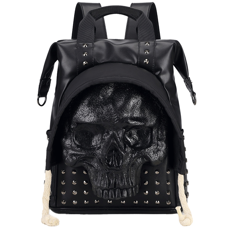 新款跨境骷髅头双肩包男女士pu皮个性铆钉电脑包包休闲旅行包批发