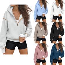跨境欧美外贸秋冬新款女装半拉链撞色短款卫衣休闲长袖连帽运动衫