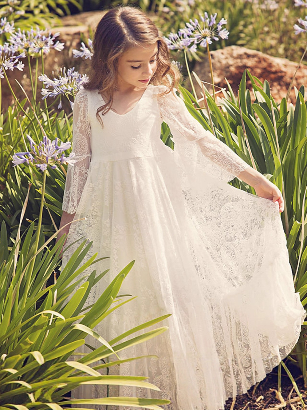 Suministro de comercio exterior nueva ropa para niños vestido de encaje de niña de flores manga larga cuello redondo mono de los niños vestido largo traje de acogida