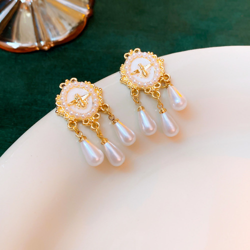 Real gold electroplated silver needle zircon double circle pearl oval earrings fashion retro light luxury temperament earrings new earrings