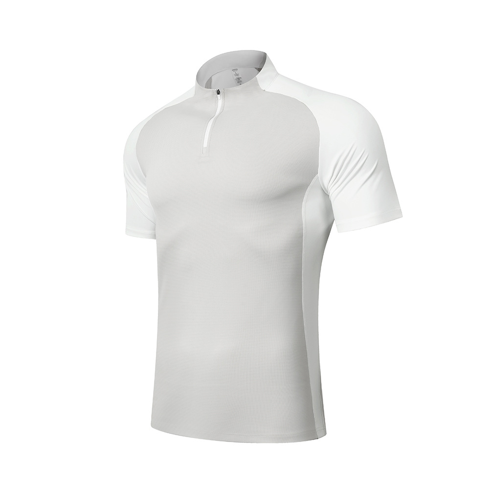 Camiseta deportiva de secado rápido al aire libre de verano para hombres con cuello vertical y medio cremallera, trajes de gimnasio para hombres sueltos, entrenamiento de correr de manga corta