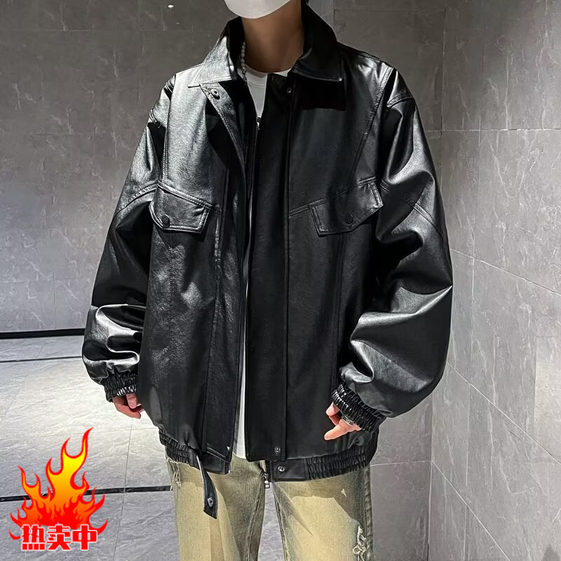 Spring and Autumn New Leather Jacket Men's Motorcycle Fashion Brand High Street Handsome Fashionable Vintage Lapel Jacket Top Spring and Autumn New Leather Jacket Men's Motorcycle Fashion Brand High Street Handsome Fashionable Vintage Lapel Jacket Top