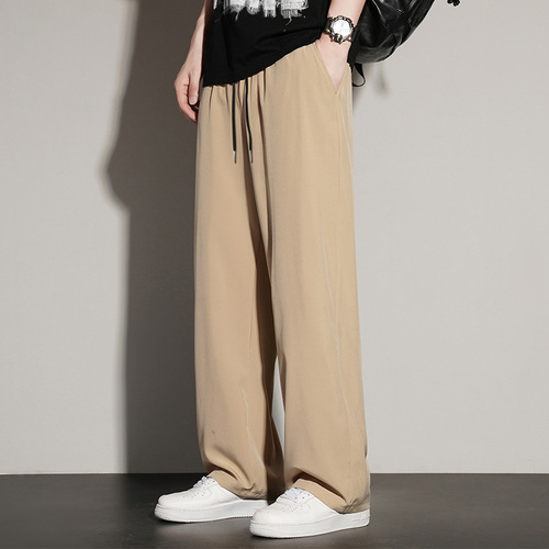 2025 Summer New Ice Silk Long Pants for Men, Straight-Leg, Hong Kong Style, Loose-Fit, Wide-Leg, Floor-Length Casual Sports Sweatpants
