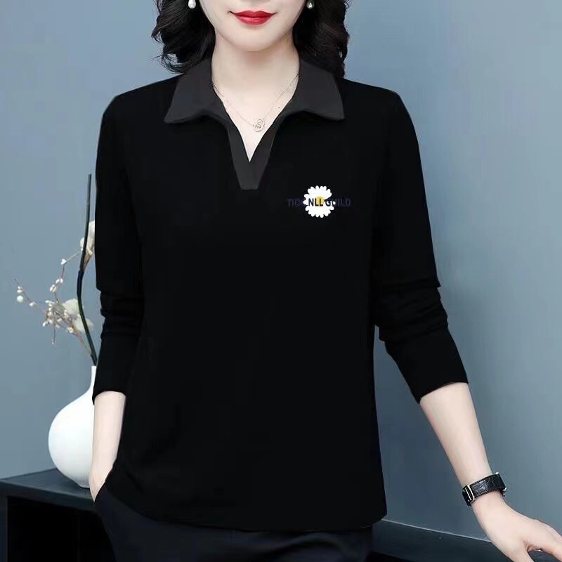 100 Cotton Elegant Stylish Long-sleeved T-shirt Women's Printed Base Shirt Fashionable plus size Polo Shirt Loose Thin Top