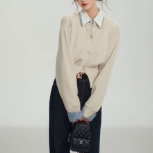 REIN R1C 杏色假两件衬衫领针织开衫女冬季显瘦撞色内搭上衣