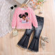 Amazon Cross-border Hot Selling Girls suit Crewneck Girls Puff Sleeve Top Imitation Denim Horn Trousers Two-piece Set