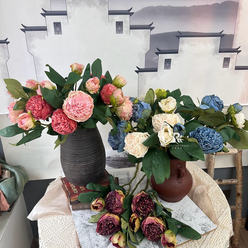 跨境仿真花2頭復古焦邊牡丹新中式婚禮家居裝飾復古烤邊芍藥假花