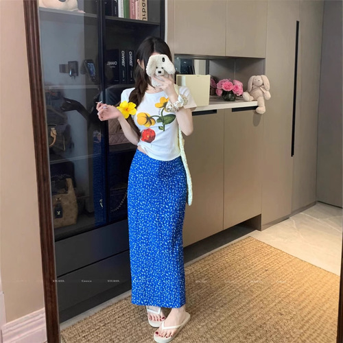 2025 Sweet Fashion Set White Print Short Sleeve T-Shirt Women Summer Floral Half-Skirt Bodycon Dress Two-Piece Set