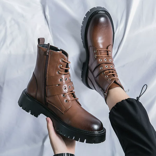Amazon High-Top Martin Boots Men's Leather Shoes Black Rivets Personalized British Style Workwear Short Boots Retro Thick-Soled Motorcycle
