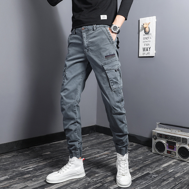 Gray American functional overalls autumn handsome slimming youth ankle-tied pants super popular closed casual ankle-tied pants men