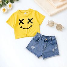 外贸童装批发欧美潮范小童夏装短袖笑脸上衣加破洞牛仔裤女童套装