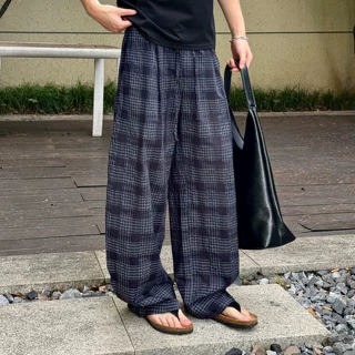 藏青色弯刀格子裤男夏季美式复古运动健身裤子cleanfit直筒休闲裤
