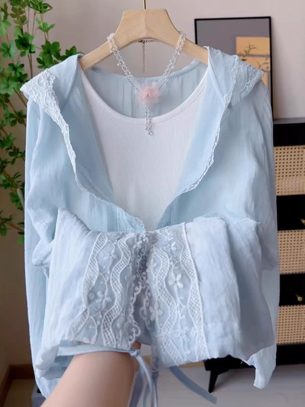 Shanlida Di Super Fairy Lace 2026 Summer New Style Patchwork Drawstring Hooded Shirt Jacket for Women Casual Simple Thin Shanlida Di Super Fairy Lace 2026 Summer New Style Patchwork Drawstring Hooded Shirt Jacket for Women Casual Simple Thin