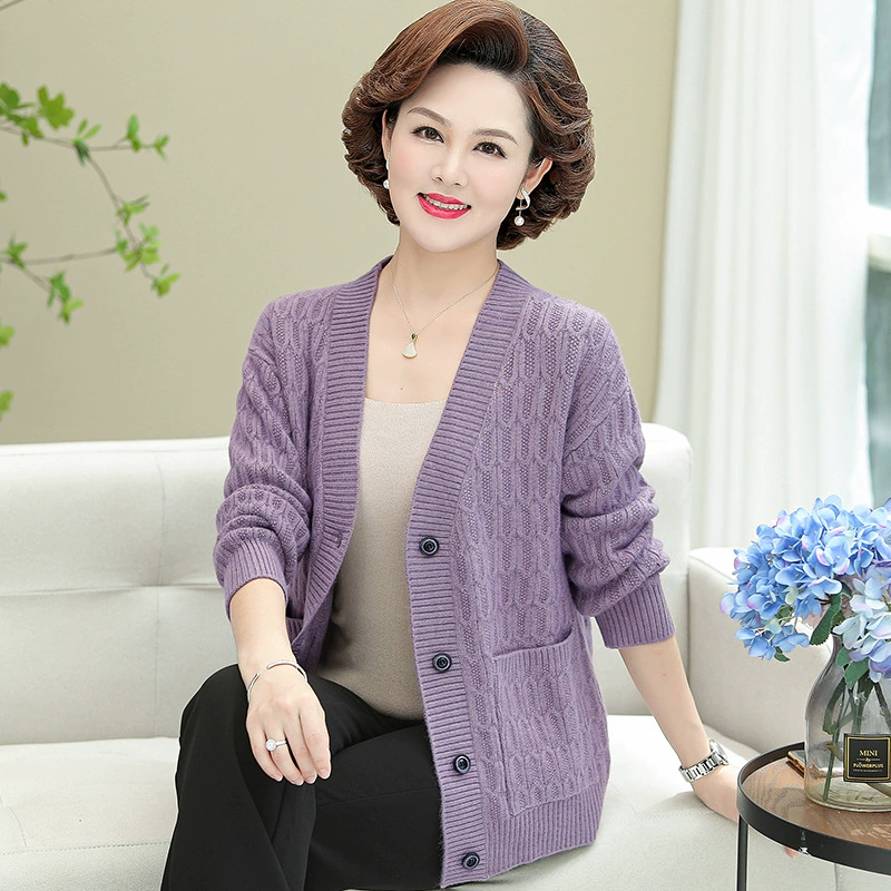 2024 Весна и осень Новый кардиган в Корейском стиле С перекрученной отделкой, пальто для матери среднего возраста, однотонный Универсальный Свободный вязаный свитер, кардиган