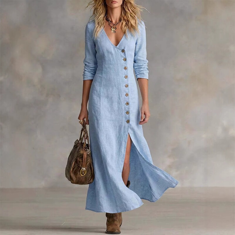 2026 European and American Cross-Border Amazon New Spring and Summer Fashion Casual Cotton and Linen Women's Long-Sleeve Button-Front Dress