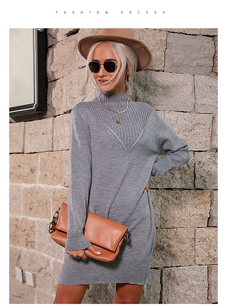 Robes pull coupe ajustée tricotées à demi-col roulé de couleur unie_voghion.com