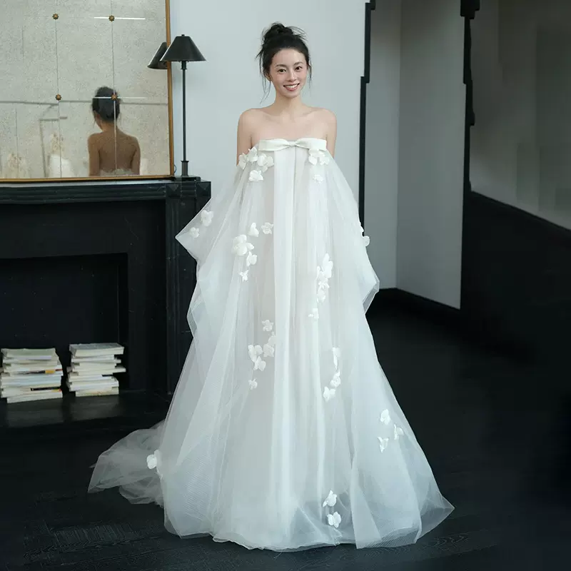 新娘晨袍轻婚纱礼服白色抹胸立体花朵蓬蓬纱公主裙写真拍照婚纱裙