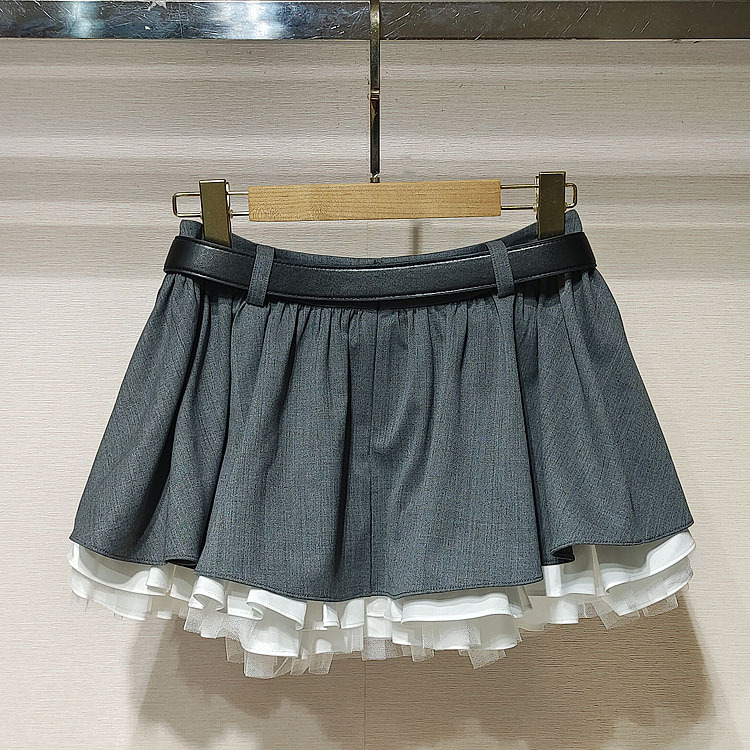 1件起批2025秋女装 XRJ4Q16D高腰腰带下摆蕾丝拼接短半裙S250554|undefined