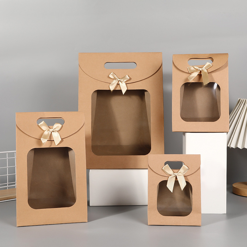 Ready-Made Bagged Flip-Top Adhesive Transparent Gift Bags with Cowhide Bow, Gift Birthday Tote Bags, Paper Bags, Boutique Quality