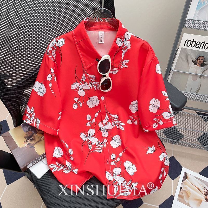 复古港味碎花印花短袖衬衫女夏季小众设计感时尚个性宽松显瘦衬衣