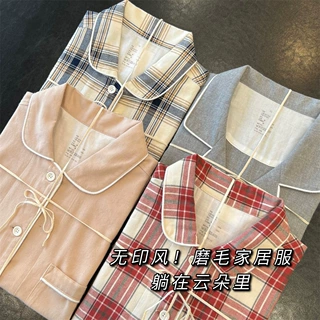 2026新款A类纯棉磨毛情侣款家居服格子男女睡衣长袖套装秋冬075