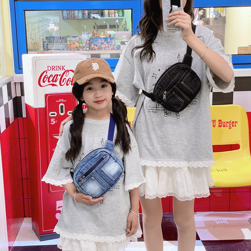 Bolsas de pecho coreanas jeans extranjeros para niños y niñas, bolsas de hombro casuales para padres e hijos 2025, bolsas de cambio para niños.