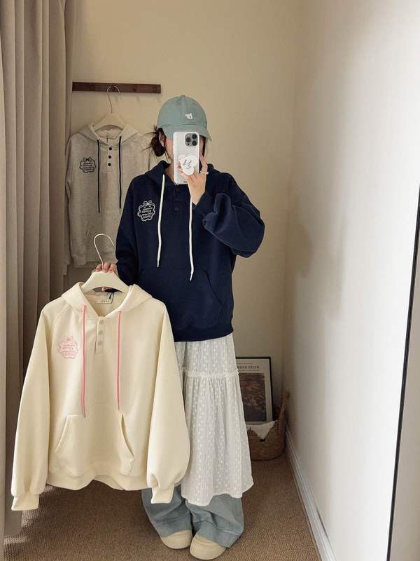 韩代柔美刺绣徽标半开襟连帽插肩袖卫衣女秋季新款宽松百搭长袖|undefined