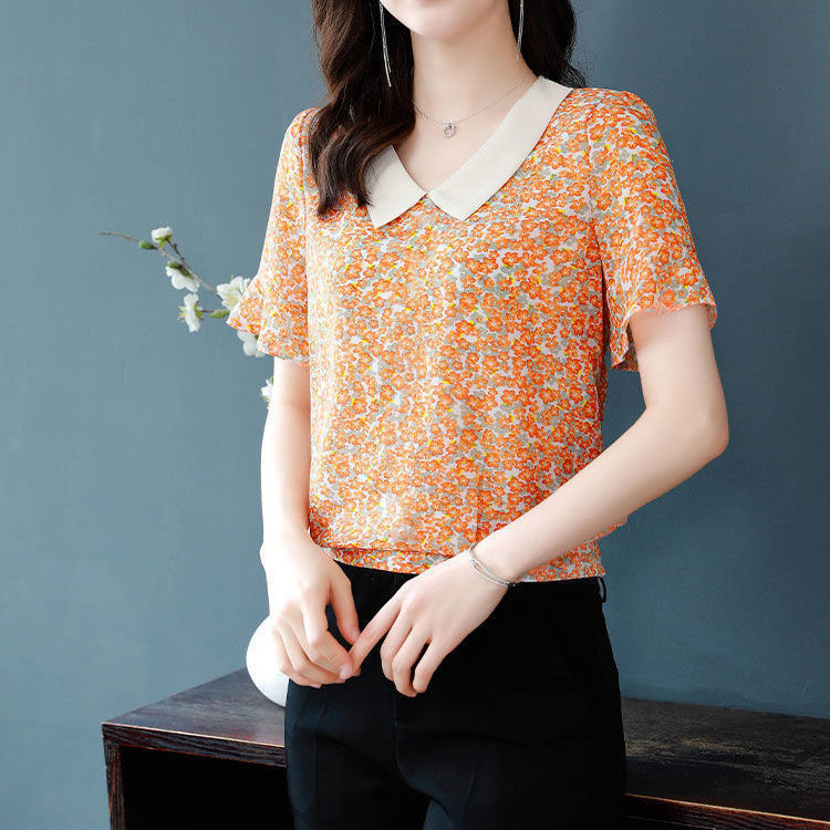 夏季新款气质娃娃领碎花雪纺女衫薄款减龄妈妈遮肚子女潮上衣