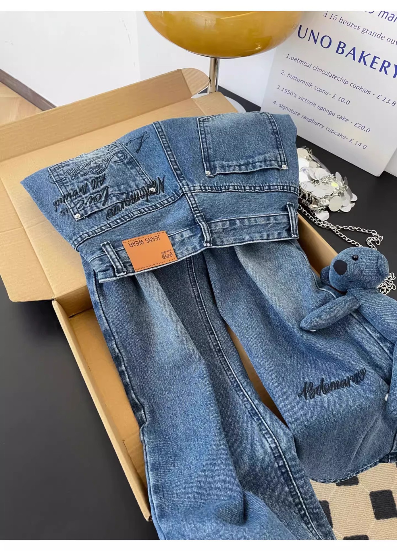 Women's High-Waisted Slimming Wavy Washed Denim Jeans Casual Loose Wide Leg Floor-Length Trousers With Letter Embroidery American Retro Summer Style_mkmklike.com