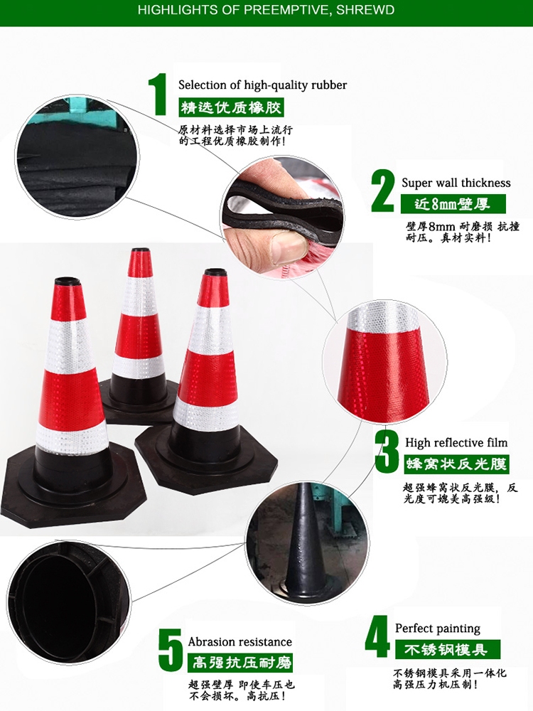 Cono de goma 70cm Cono de barricada reflectante Cono de helado Cubo cónico Piel de aislamiento Construcción Columna de advertencia Cono de carretera