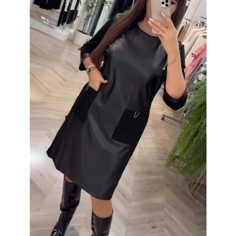 2025 European and American New Autumn and Winter Dress with Straight Cut and Round Neck Design, Elegant and Simple Black Dress