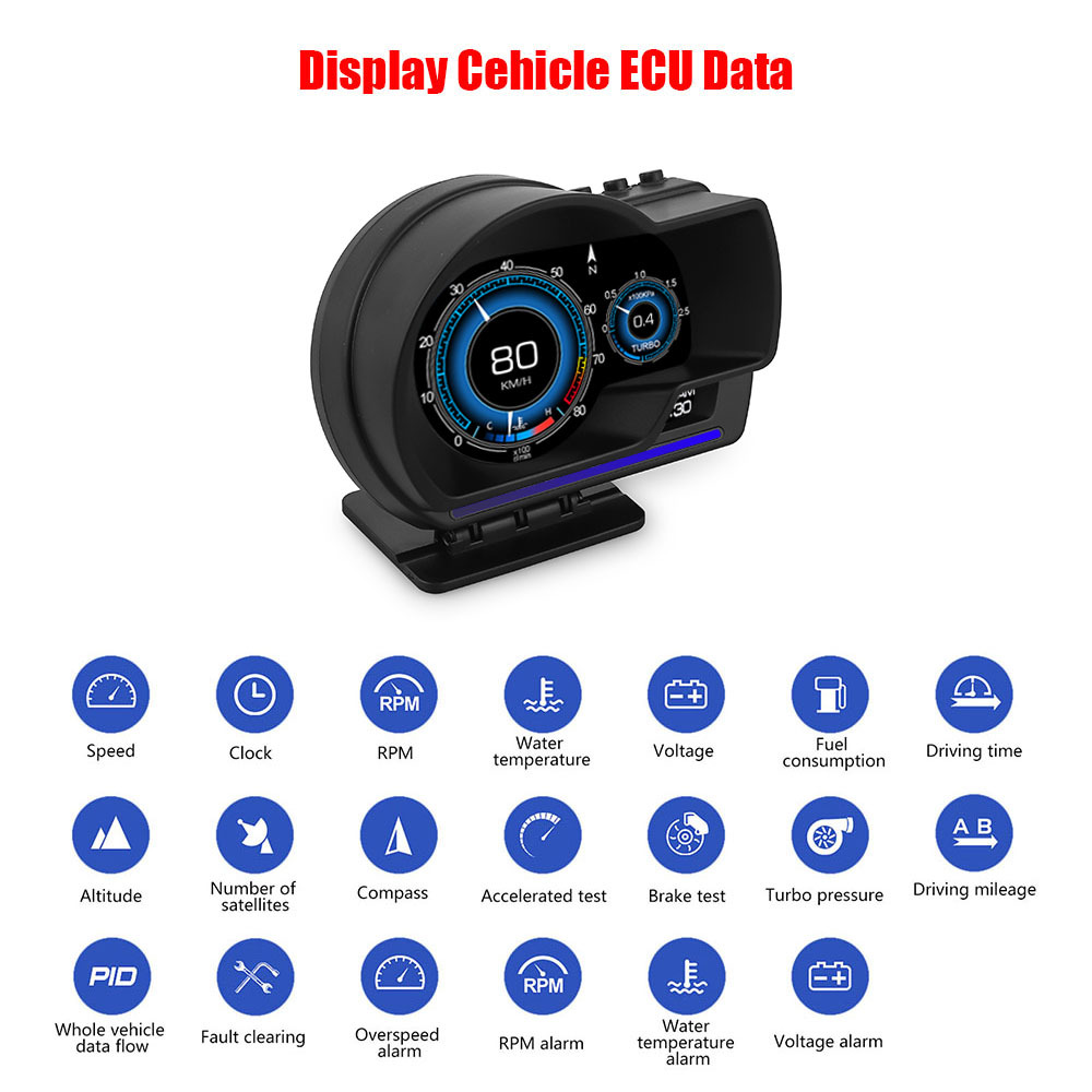 Full LCD screen OBD2 multi-function head-up display with water temperature, exhaust temperature, turbo intake speed, oil temperature, speedometer, and GPS