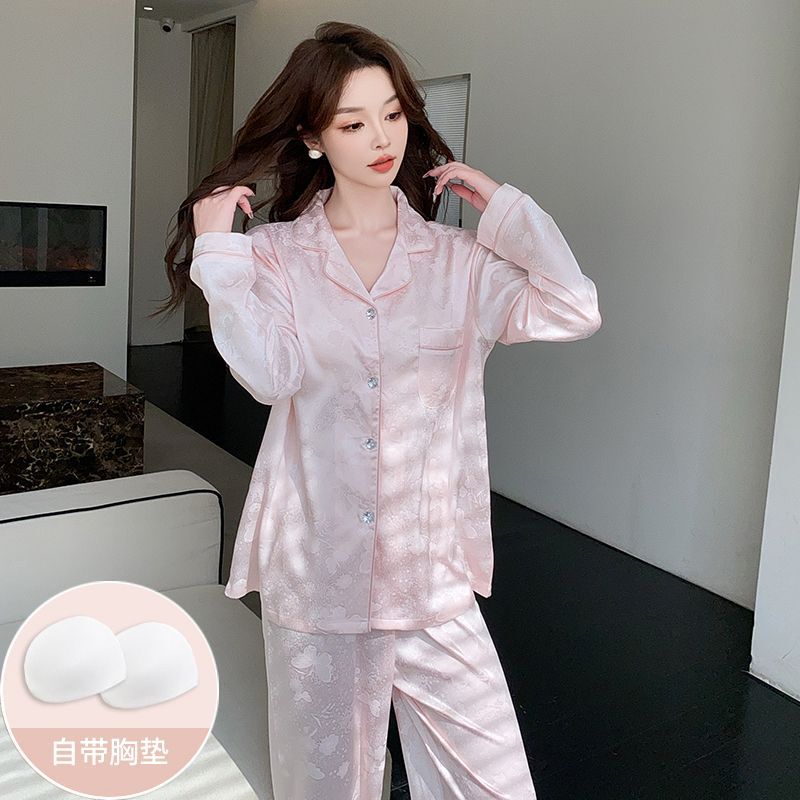 Spring and Summer New Pajamas Women's suit Ice Silk Jacquard Casual Elegant High-end Home Clothes with Chest Pad Spring and Summer New Pajamas Women's suit Ice Silk Jacquard Casual Elegant High-end Home Clothes with Chest Pad