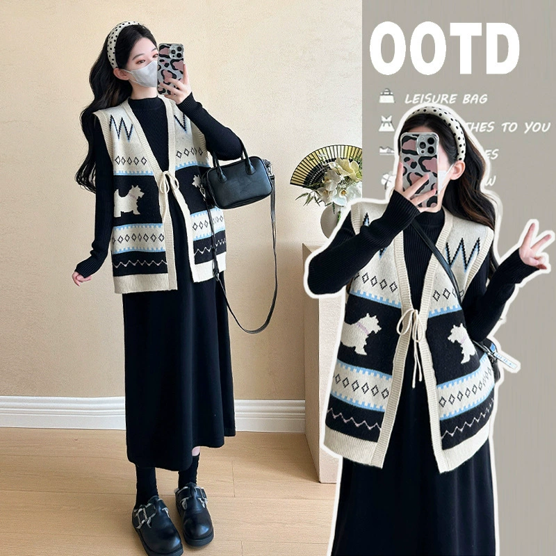 Вязаная юбка для беременных осенью и зимой 2024 новая корейская мода ретро минус возрастная вязаная жилет тонкая нижняя юбка