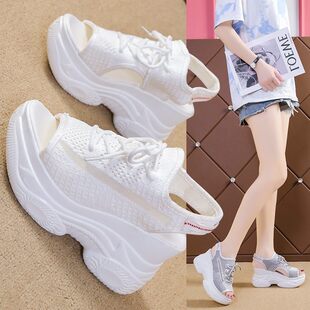 Cross-border heeled fish mouth sandals for women's thick sole sports style sandals high heel breathable mesh heighten casual large-size sandals