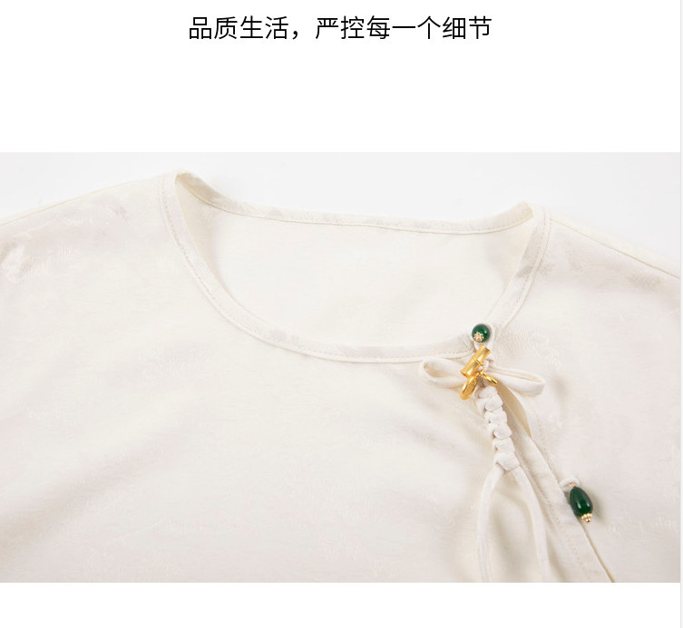 Áo sơ mi nữ satin jacquard phong cách Trung Quốc tay ngắn thanh lịch — màu trắng ngà chi tiết 10