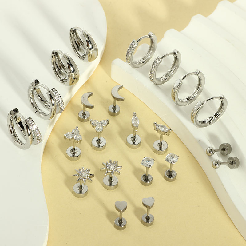 22-Piece Heart Inlaid Zircon Earring Set, Real Gold Brass Electroplated Stainless Steel Earrings for Women and Men detail image 8