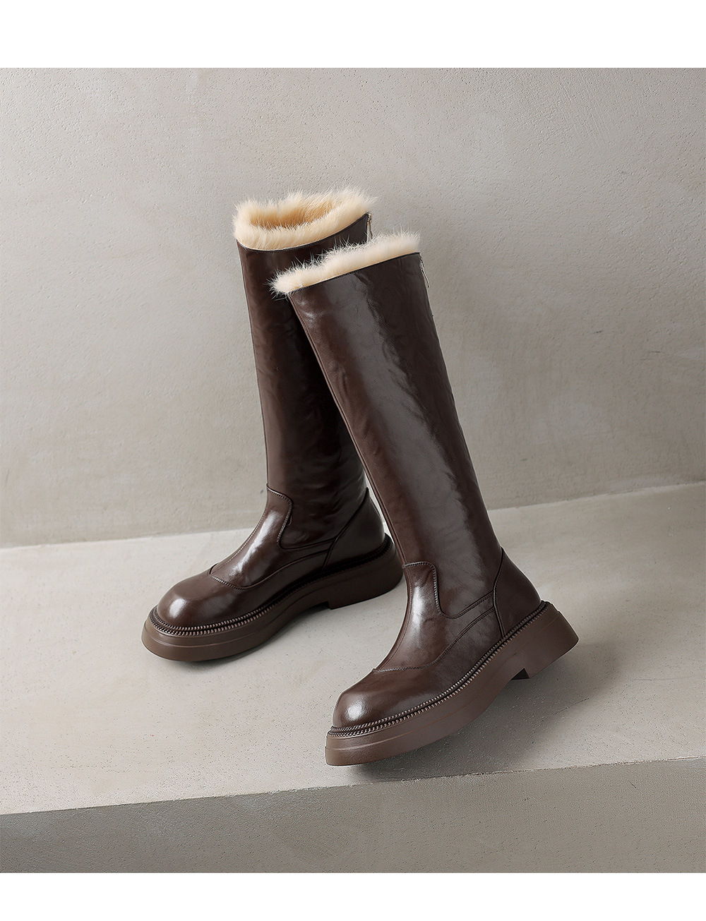 Boot nữ da thật cổ cao đế dày lông ấm mùa đông chống nước — màu nâu chi tiết 15