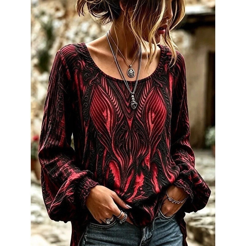 Bohemian style Halloween long-sleeve shirt, European and American vintage top, elegant and regular fit