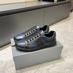 P家新款男鞋真皮透气休闲鞋奢华轻便板鞋平底系带百搭简约运动鞋