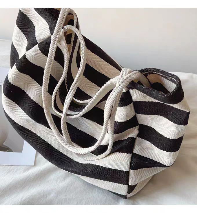 Contrast Stripe Canvas Tote Bag, Large Capacity Shoulder Bag_voghion.com