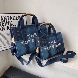 Cross-Border Export Canvas Bag Women's Bag Large Capacity Tote Bag Casual Splicing Shoulder Handheld Crossbody Denim Bag