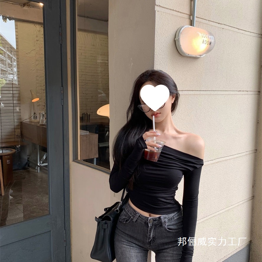 短款一字肩露肩早秋长袖褶皱t恤内搭打底衫上衣黑色韩版针织衫女