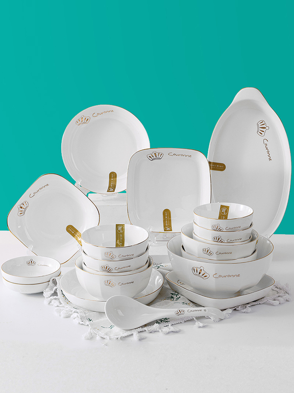 Gold-Rimmed Bowl and Plate Set for Home Use, Chinese-Style Ceramic Bowl Tableware, Rice Bowl, Dish Plate, European-Style Simple Bowl and Plate Combination with Soup Bowl