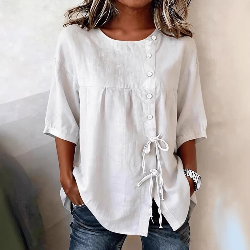 2026 New Style European and American Amazon Foreign Trade Elegant Shirt with Tie Buttons, Round Neck, and Mid-Sleeve Top