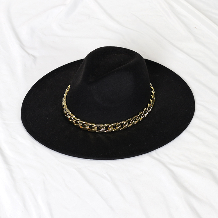 Sombrero de jazz con cadena dorada, sombrero francés vintage de ala ancha en forma de corazón para mujer, sombrero de fieltro oversize.