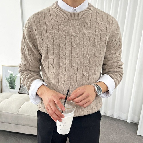 MYQ Round Neck Cable Knit Sweater for Men Autumn/Winter Korean Version Fashion Business Loose Hooded Topcoat for Layering